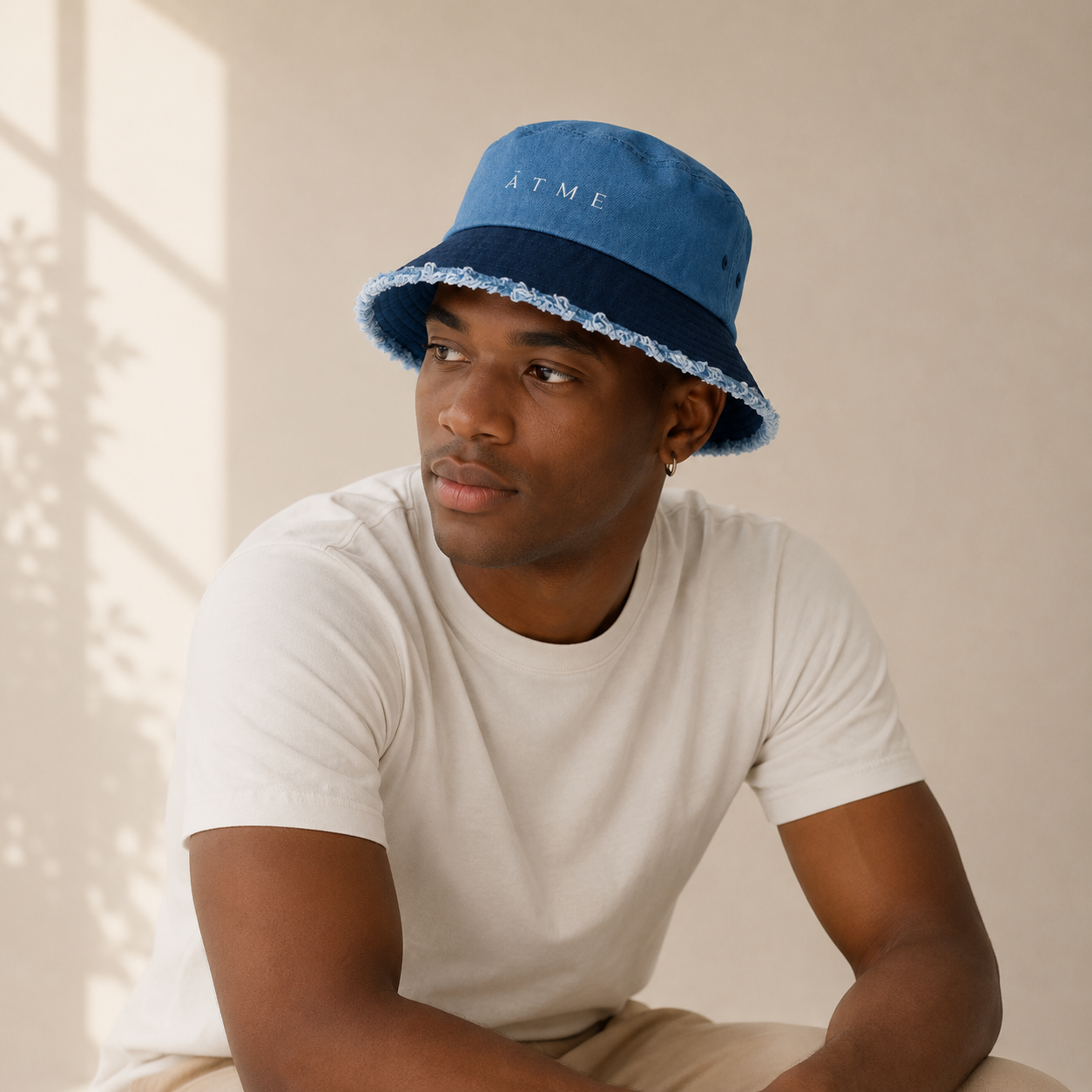Denim bucket hat detail — woven label, ĀTME Original by Atme