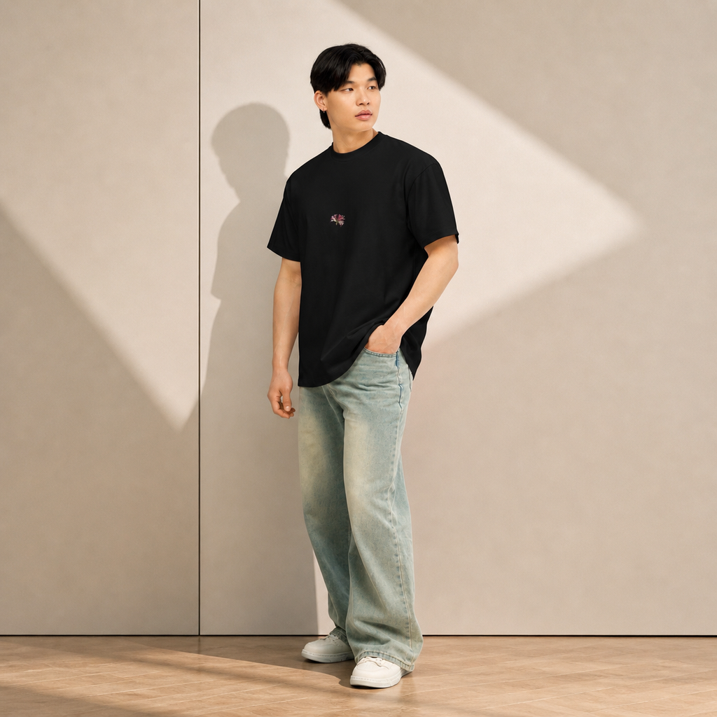 Amaryllis men’s tee side view — relaxed boxy fit, Wild Lines by Atme