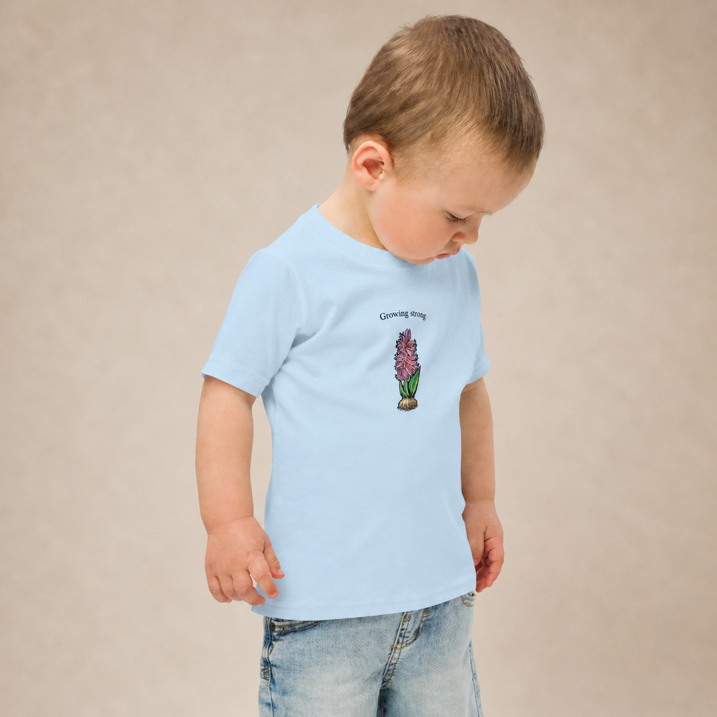 Hand-drawn hyacinth print on kids' t-shirt — original art by Atme