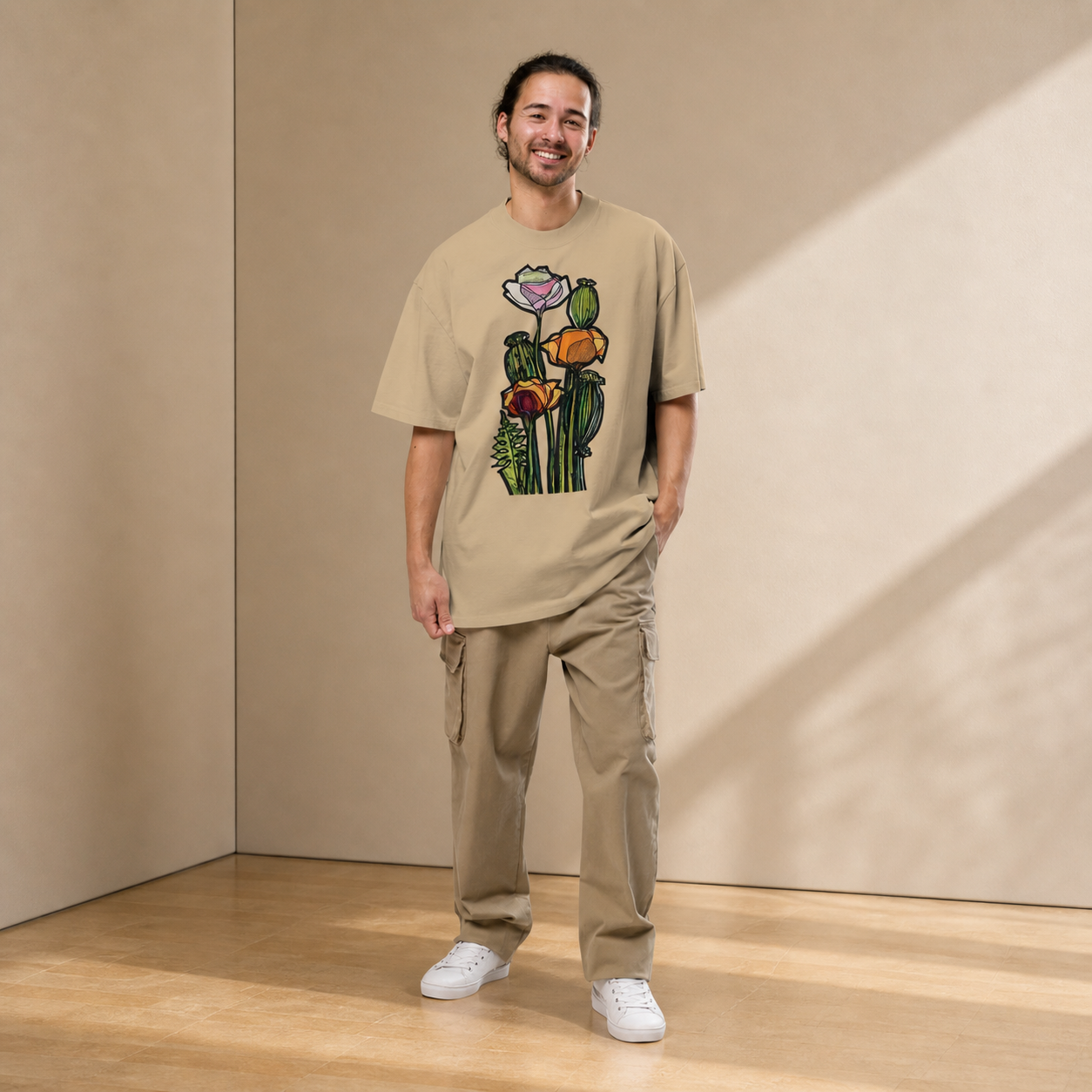 Wild Poppy art t-shirt — hand-drawn botanical print on oversized faded cut, Atme