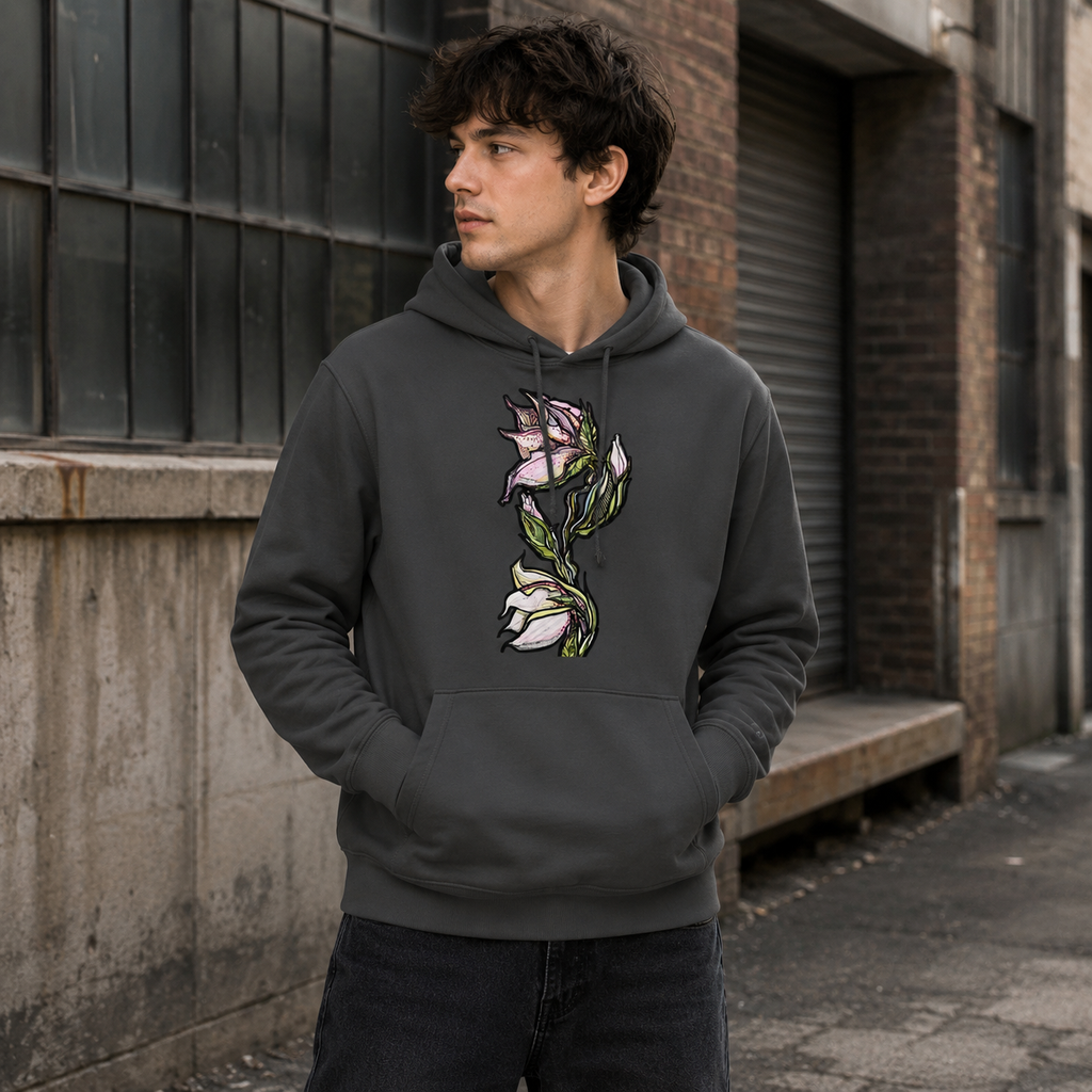 Illustrated botanical hoodie — Lily organic mid-weight design, Wild Lines by Atme