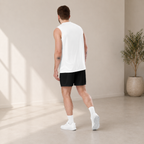 Tulips eco mesh shorts back — all-over tulip illustration on recycled athletic shorts, Wild Lines Collection by Atme