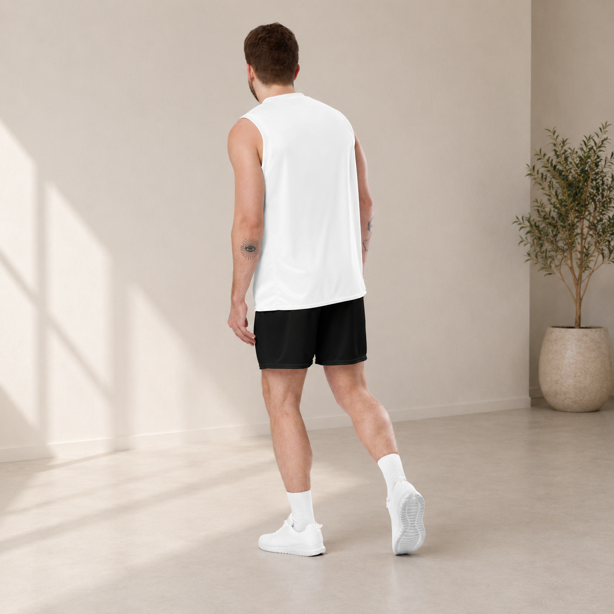 Tulips eco mesh shorts back — all-over tulip illustration on recycled athletic shorts, Wild Lines Collection by Atme
