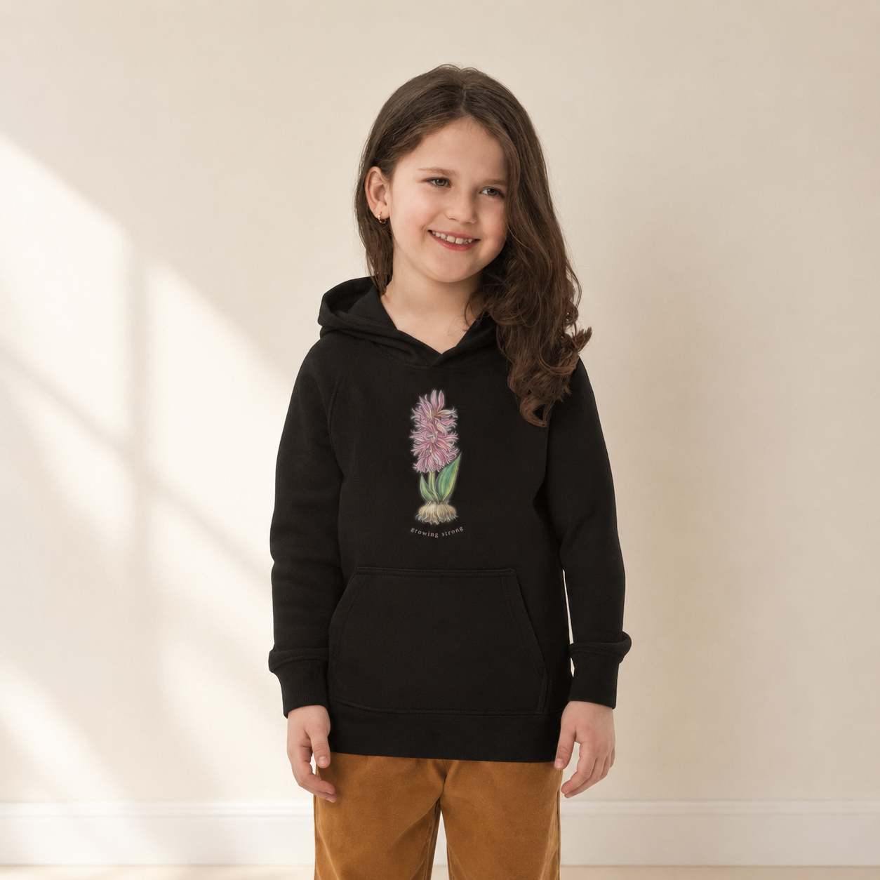 Hyacinth kids hoodie — hand-drawn botanical print, Wild Lines by Atme