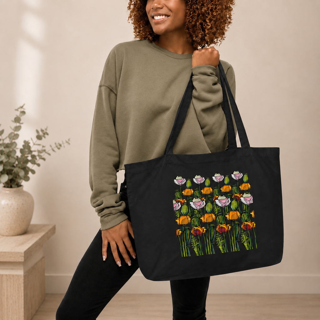 Wild Poppy large tote bag side view — spacious organic cotton, Wild Lines by Atme