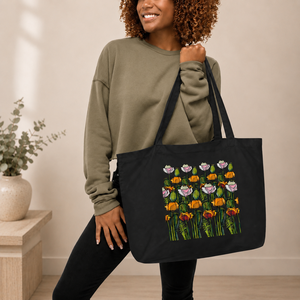 Wild Poppy large tote bag side view — spacious organic cotton, Wild Lines by Atme