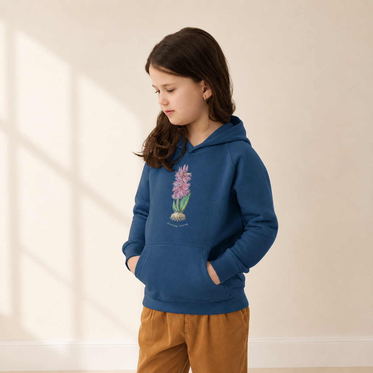 Wild Lines Hyacinth hoodie for children — illustrated floral design by Atme