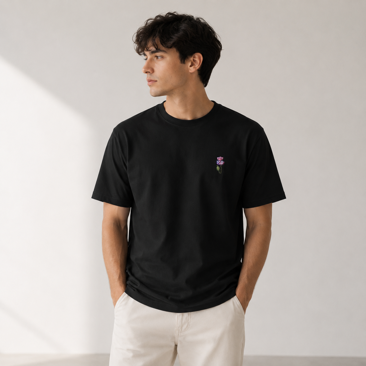 Wild One men’s t-shirt — hand-drawn botanical illustration on organic mid-light cotton, Wild Lines by Atme