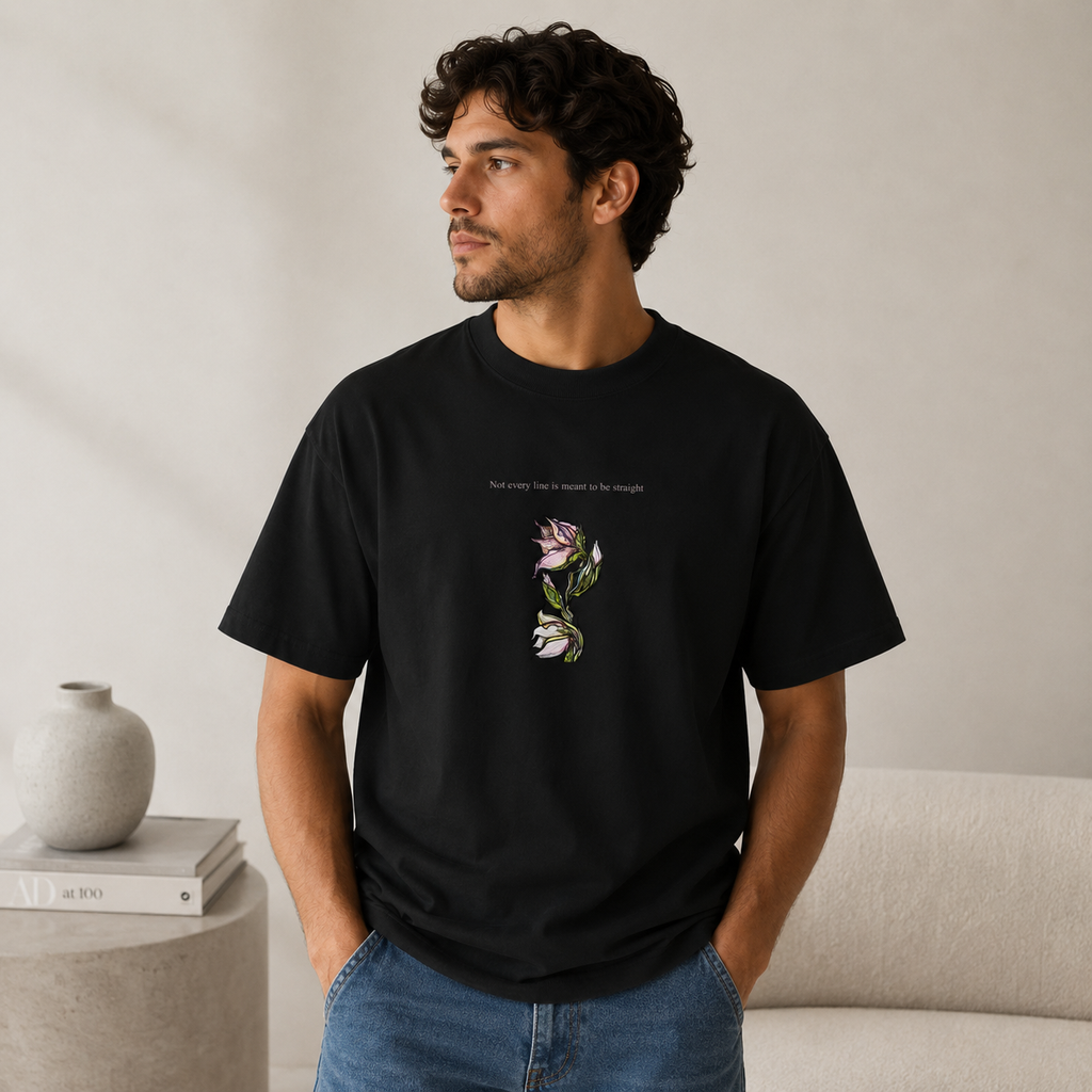 Lily oversized t-shirt side view — relaxed fit, Wild Lines by Atme