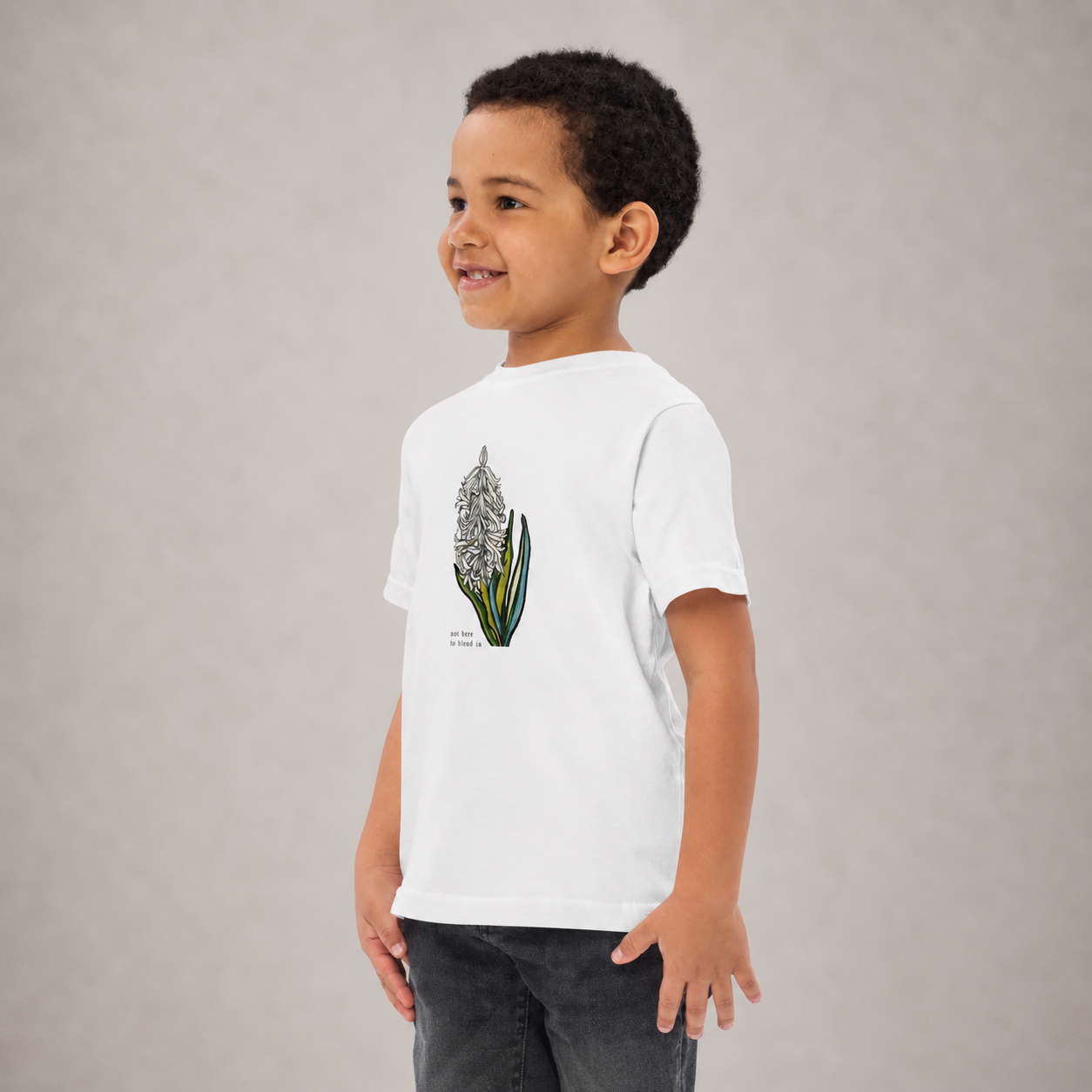Hand-drawn hyacinth print on kids' t-shirt — original art by Atme