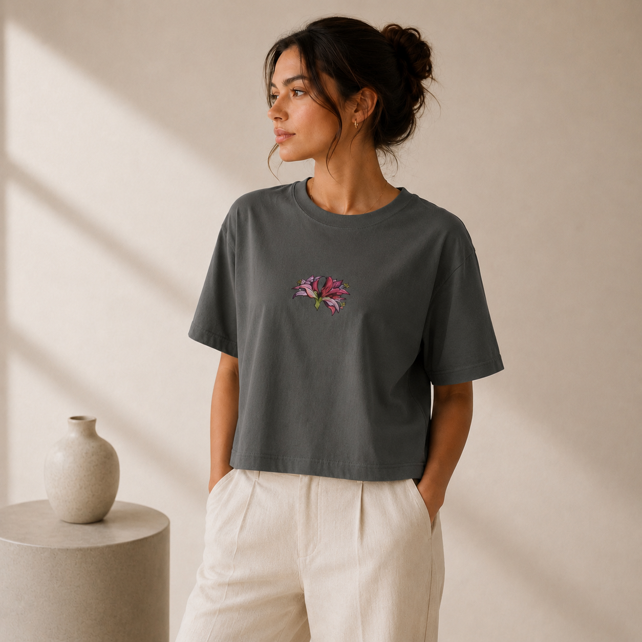 Amaryllis art heavyweight t-shirt — hand-drawn botanical print, Wild Lines by Atme