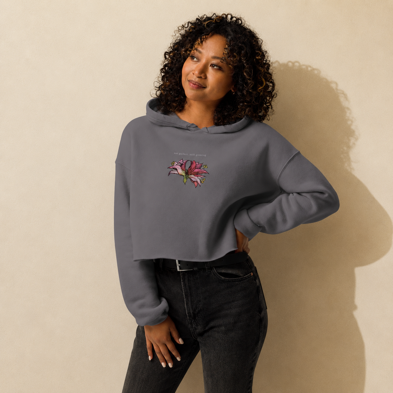 Amaryllis flower print, women's crop hoodie — independent art brand Atme