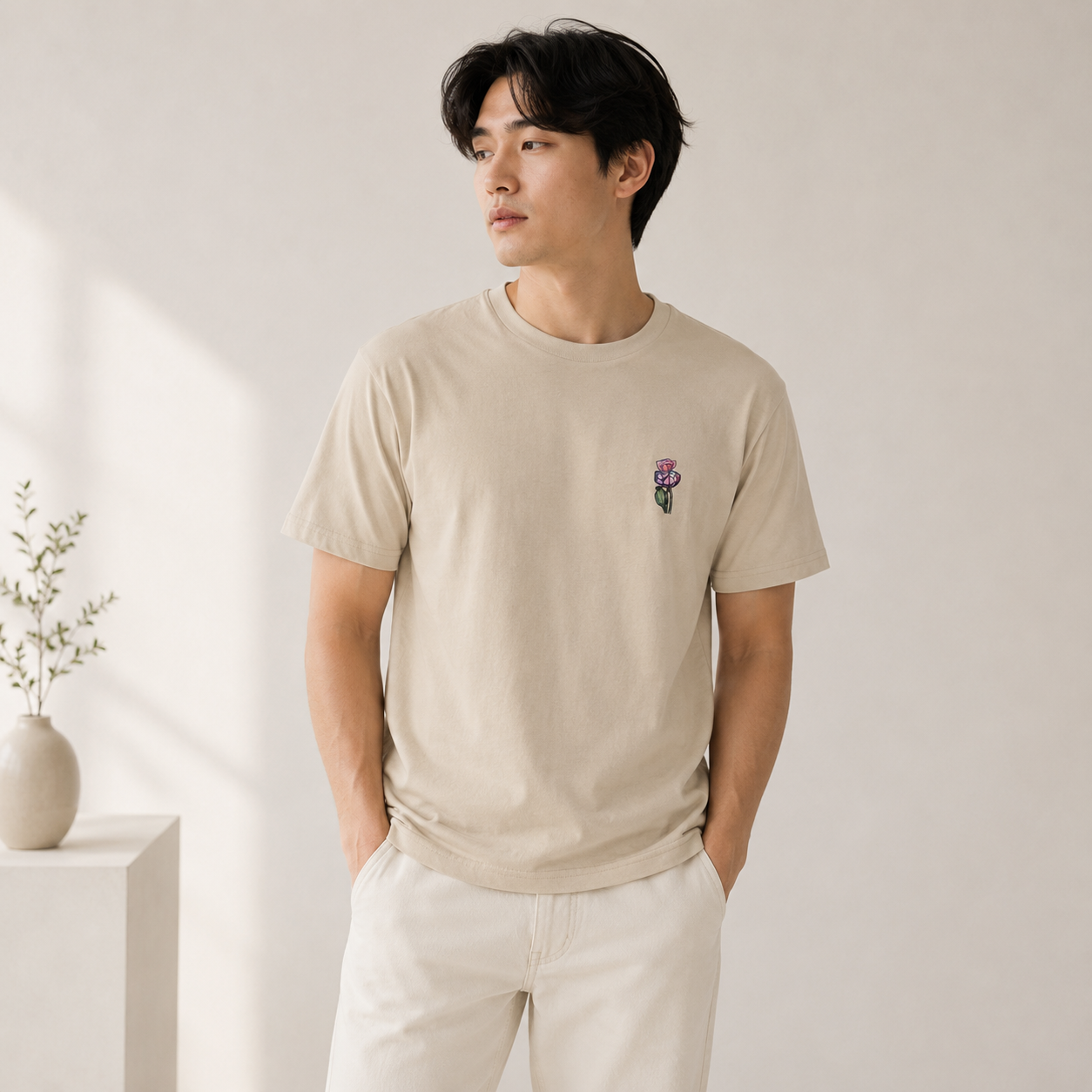 Illustrated botanical tee — Wild One organic mid-light design, Wild Lines by Atme