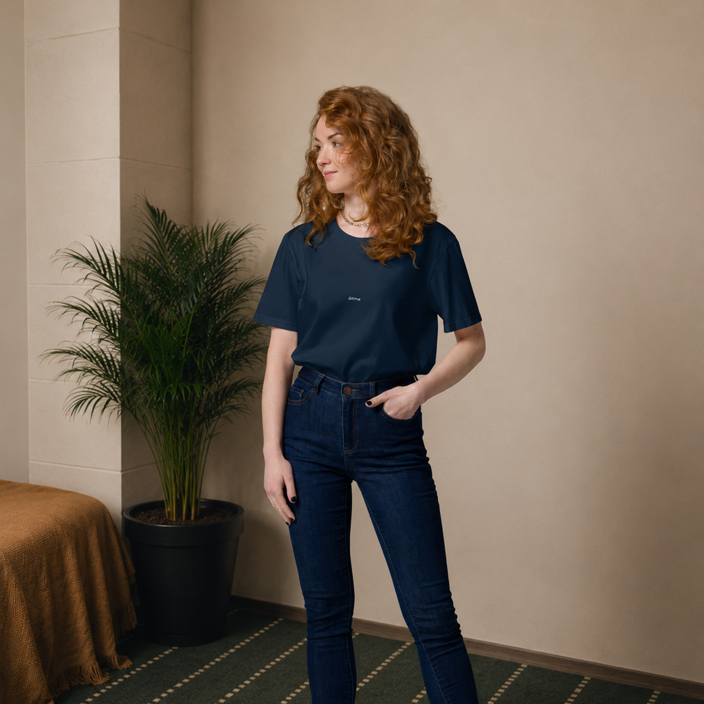 A woman with curly red hair stands in an indoor setting wearing a dark navy blue t-shirt, dark blue skinny jeans, and black ankle boots. She is positioned next to a potted palm tree on a patterned green carpet.