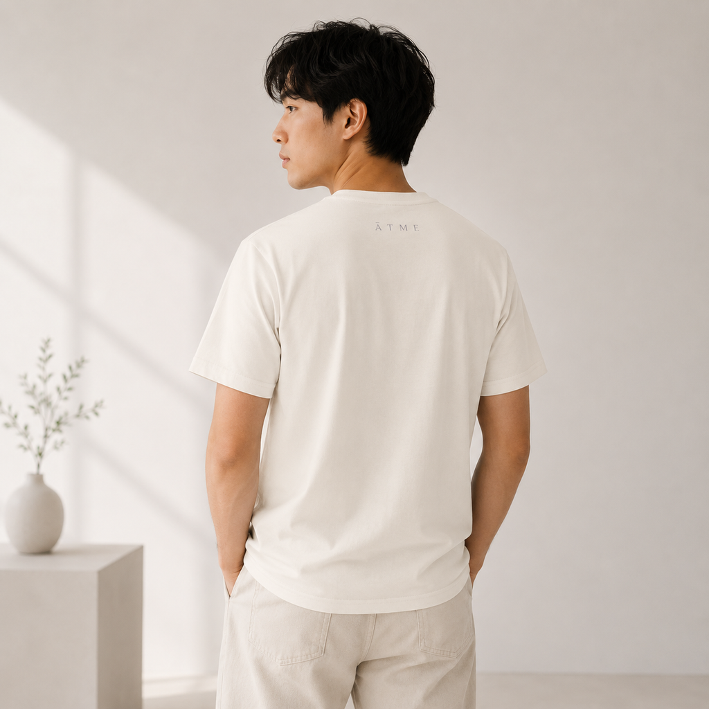 Wild One organic men’s tee close-up — original ink drawing on mid-light cotton, Atme