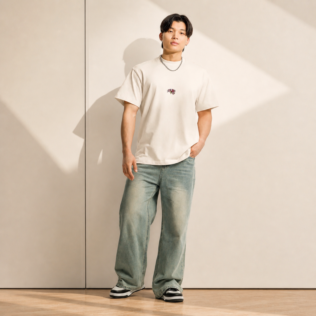 Amaryllis men’s box tee — hand-drawn botanical illustration, Wild Lines by Atme