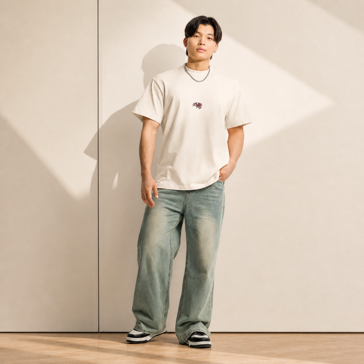 Amaryllis men’s box tee — hand-drawn botanical illustration, Wild Lines by Atme