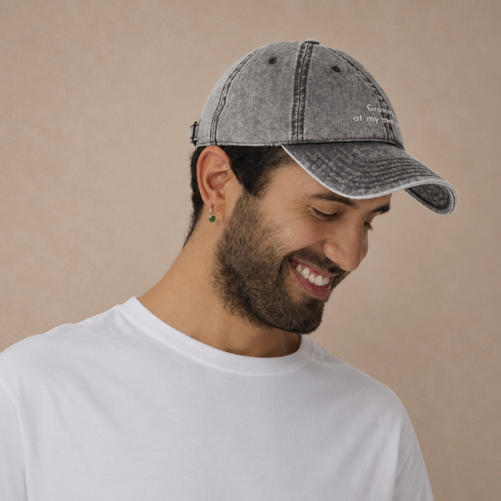 Vintage cotton twill cap back view — embroidered Wild Lines design, Atme