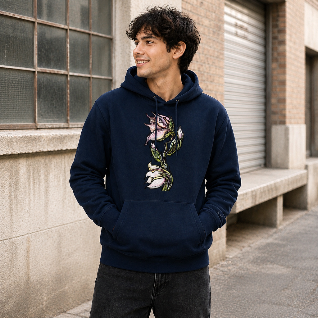 Lily organic mid-weight hoodie — hand-drawn botanical illustration, Wild Lines by Atme