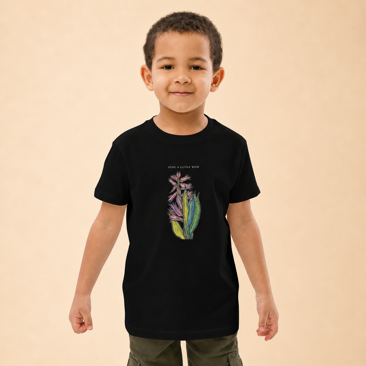 Hand-drawn hyacinth print on kids' t-shirt — original art by Atme