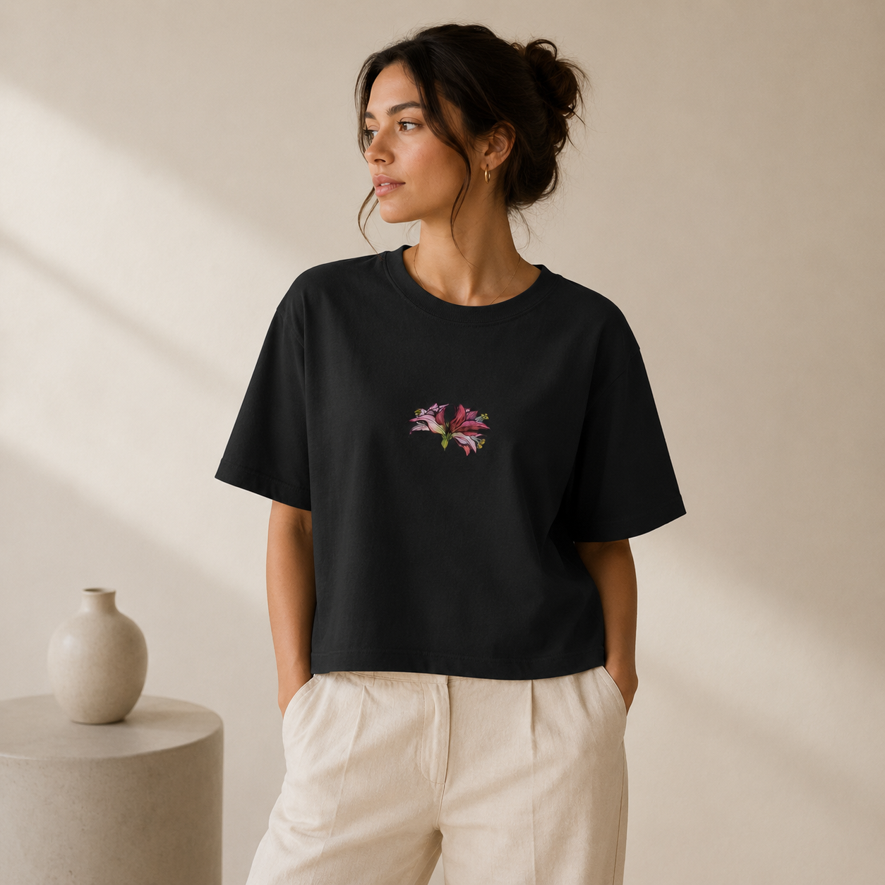 Amaryllis heavyweight boxy tee — hand-drawn botanical illustration, Wild Lines by Atme