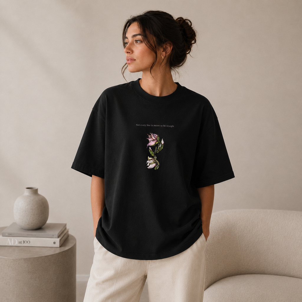 Botanical Lily oversized tee — artist-drawn illustration, Wild Lines by Atme