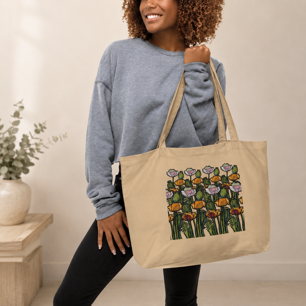 Wild Poppy large organic tote bag — hand-drawn botanical illustration, Wild Lines by Atme