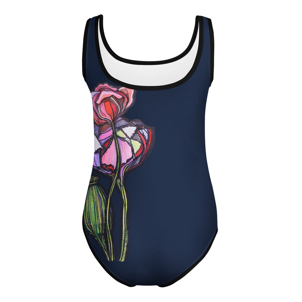 Wild One Kids Swimsuit mockup back — all-over Wild One print on kids one-piece, Wild Lines Collection by Atme