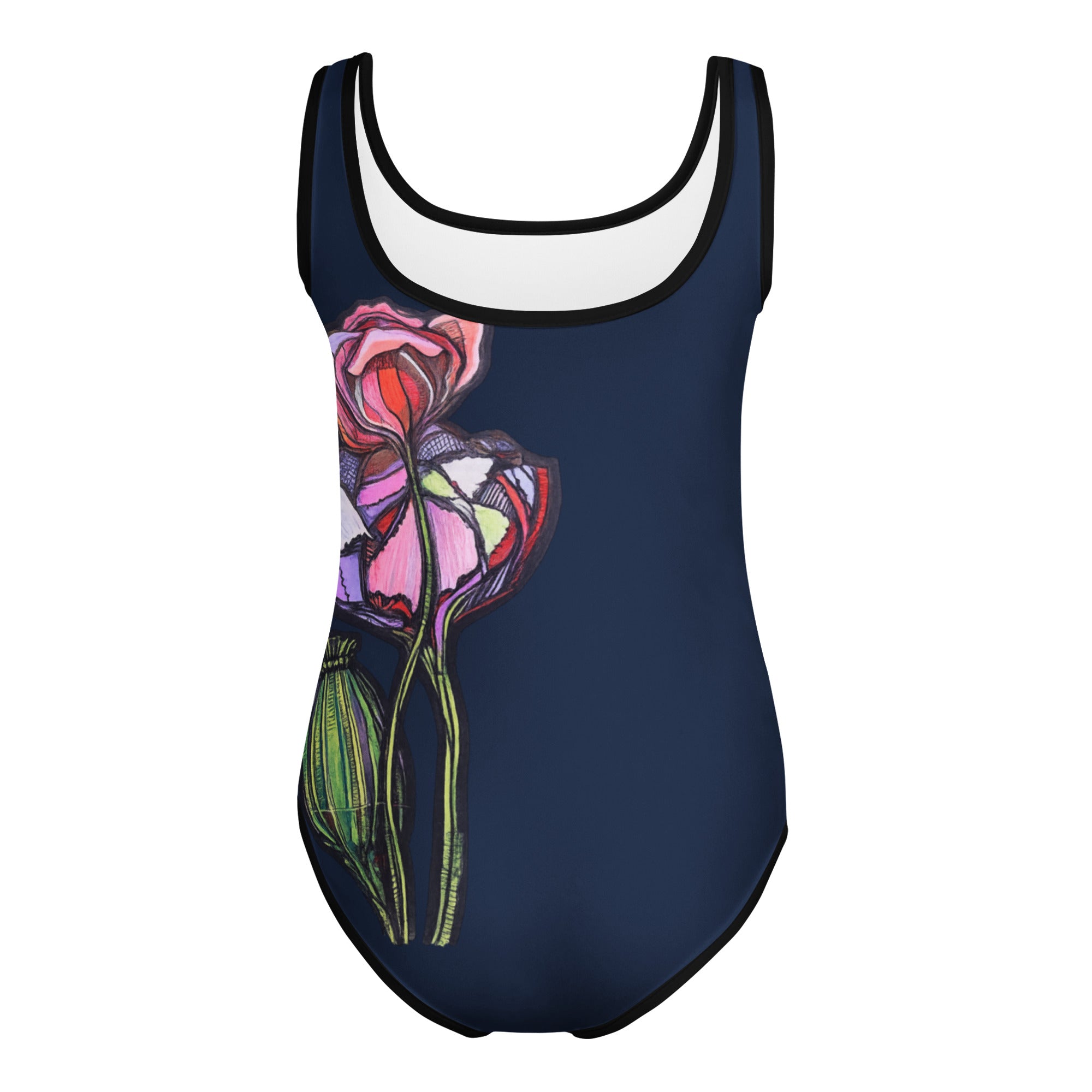 Wild One Kids Swimsuit mockup back — all-over Wild One print on kids one-piece, Wild Lines Collection by Atme