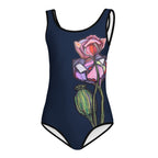 Wild One Kids Swimsuit mockup front — hand-drawn illustration on stretch one-piece for kids, Wild Lines Collection by Atme