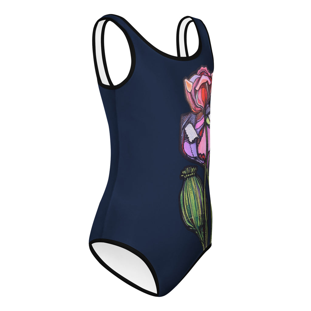 Wild One Kids Swimsuit mockup side — four-way stretch microfiber kids swimwear with botanical print, Wild Lines Collection by Atme