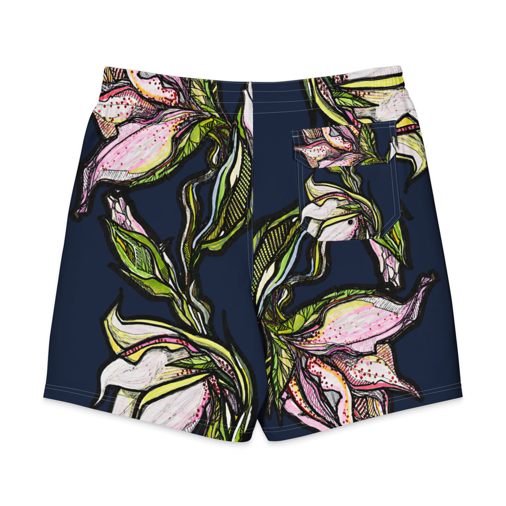Lily Men's Board Shorts flat lay — full lily illustration on quick-drying men's swimwear, Wild Lines Collection by Atme