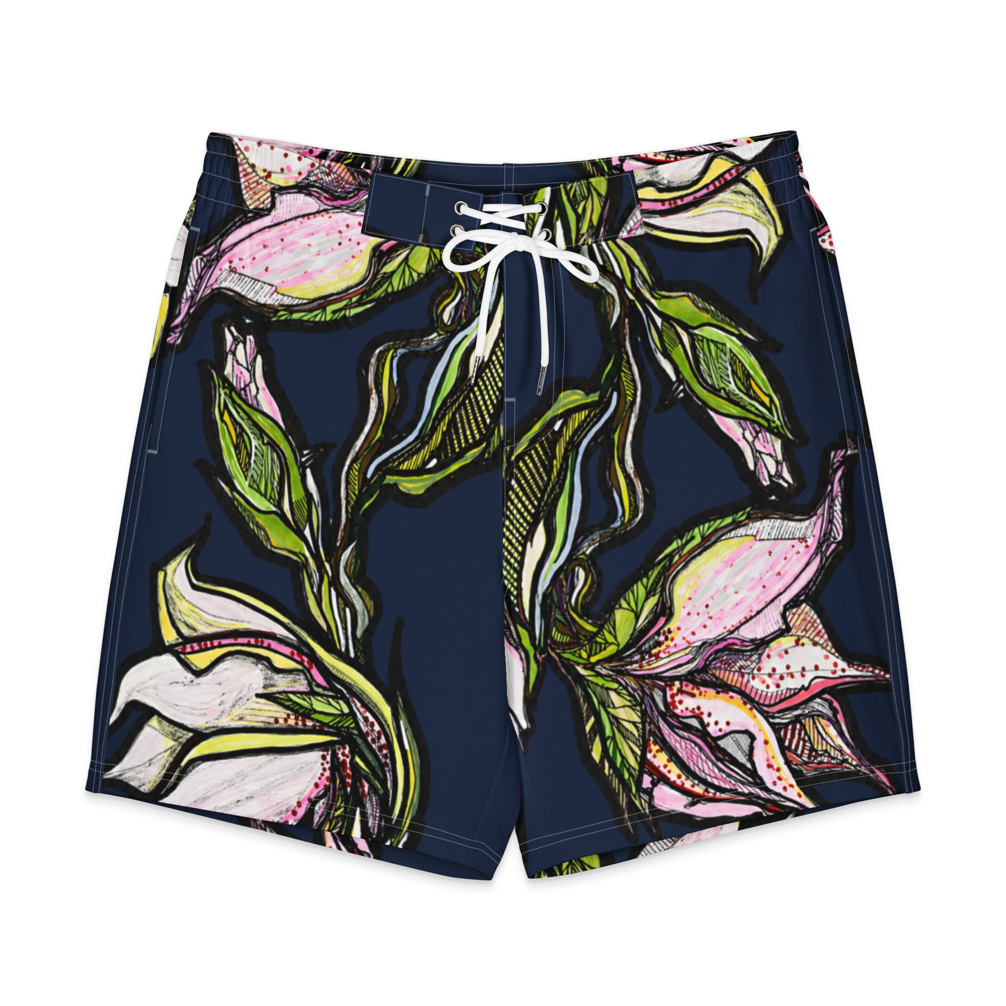 Lily Men's Board Shorts detail — side pocket and drawcord waistband on printed board shorts, Wild Lines Collection by Atme