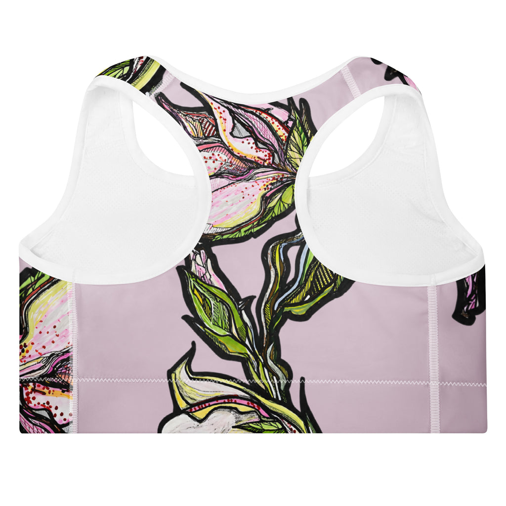 Lily sports bra fabric detail — flat seams and bias binding on microfiber sports bra, Wild Lines Collection by Atme