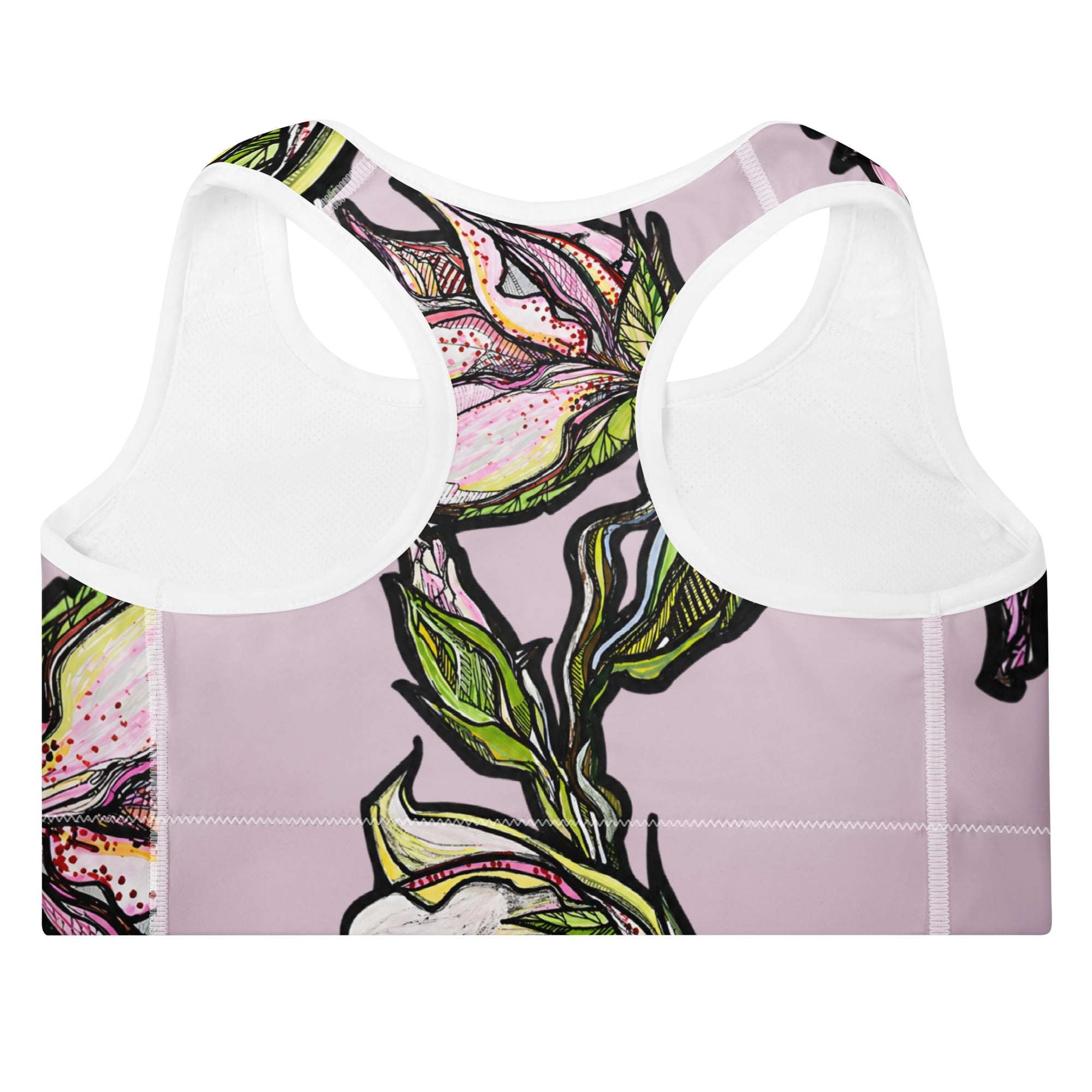 Lily sports bra fabric detail — flat seams and bias binding on microfiber sports bra, Wild Lines Collection by Atme