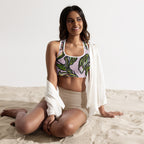 Lily Padded Sports Bra side — botanical lily artwork on padded activewear bra, Wild Lines Collection by Atme