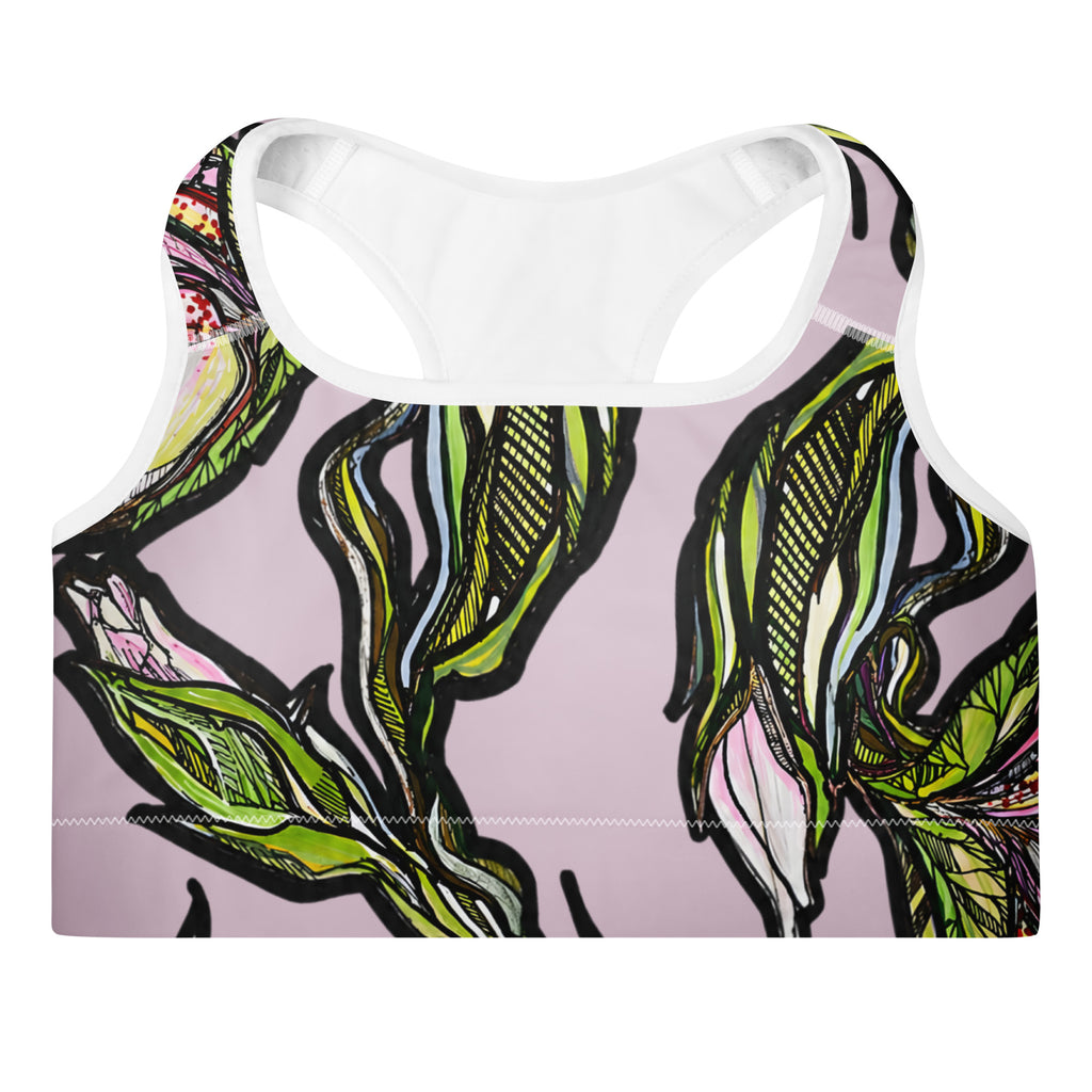 Lily padded sports bra detail — removable padding and wide elastic underbust band, Wild Lines Collection by Atme