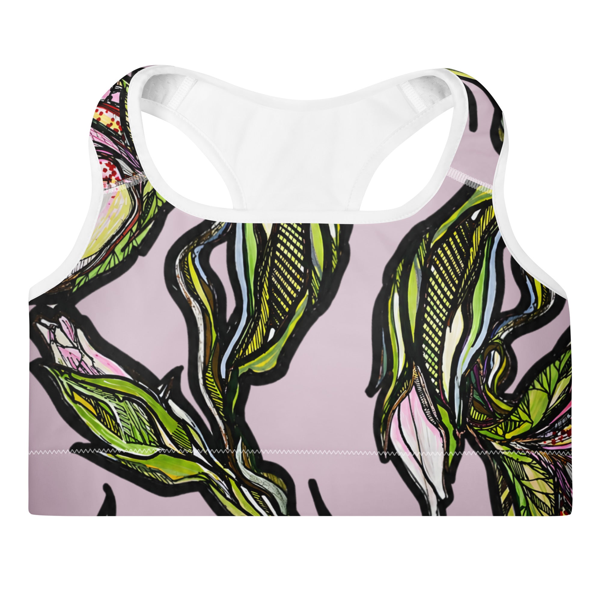 Lily padded sports bra detail — removable padding and wide elastic underbust band, Wild Lines Collection by Atme