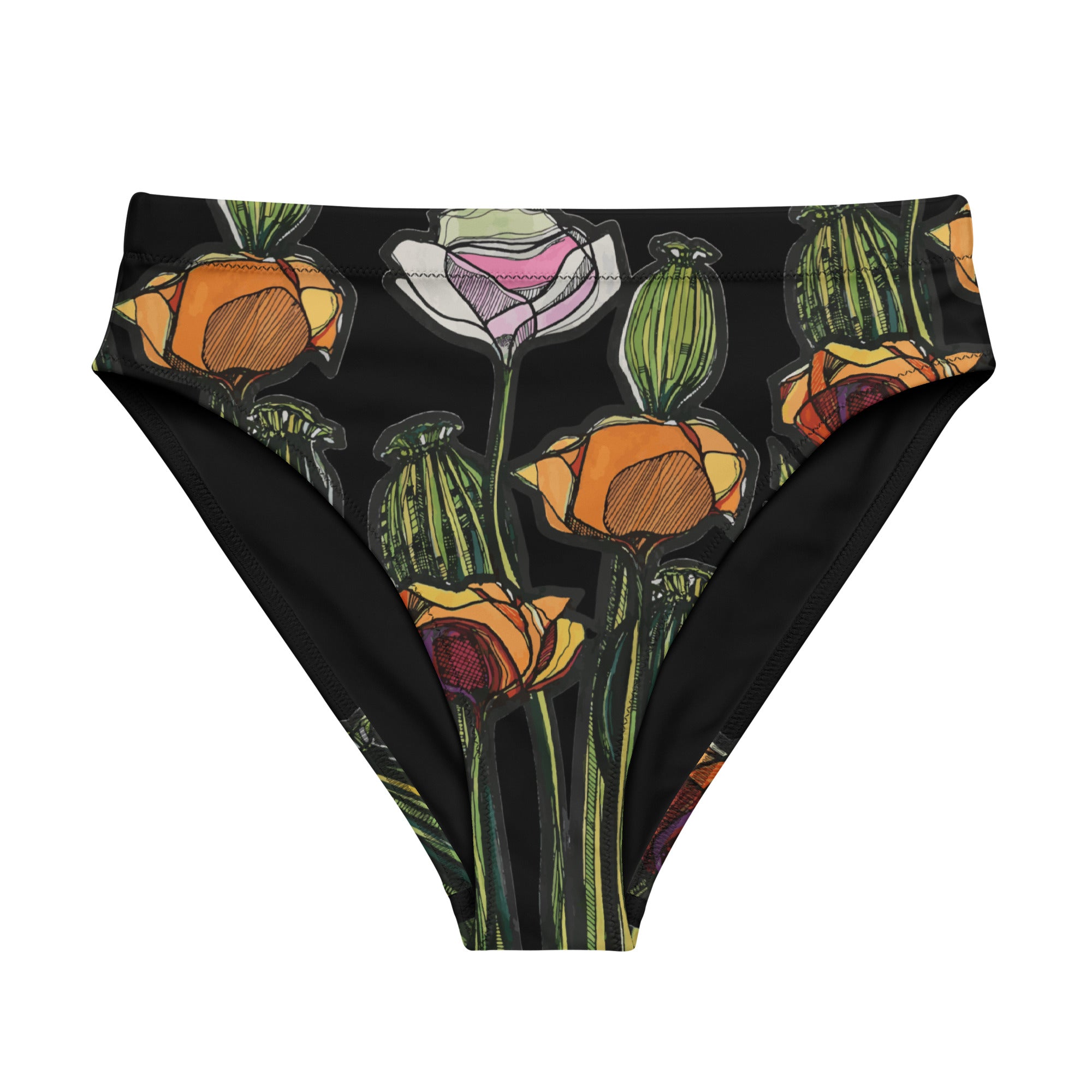 Wild Poppy bikini bottom flat lay — high-waisted silhouette with poppy illustration, Wild Lines Collection by Atme