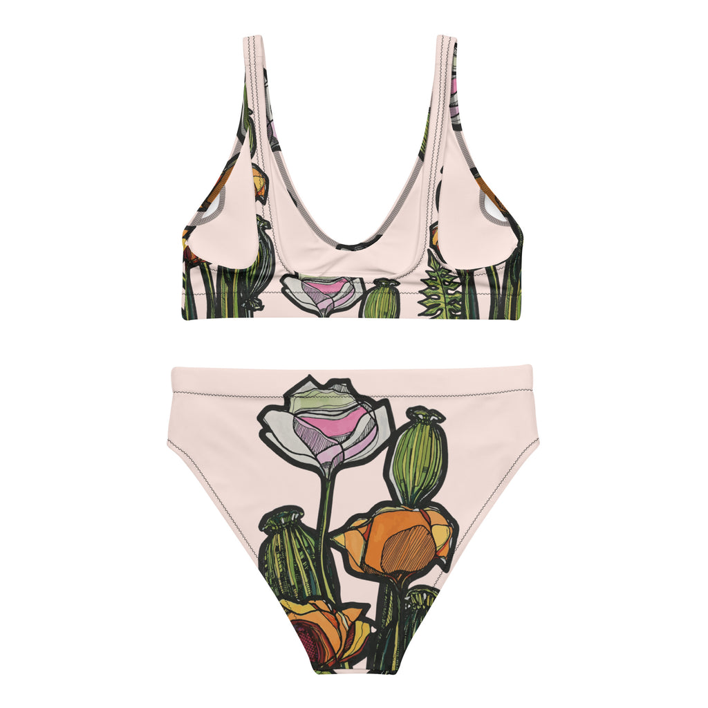 Wild Poppy bikini set close-up — hand-drawn poppy artwork detail on recycled fabric, Wild Lines Collection by Atme