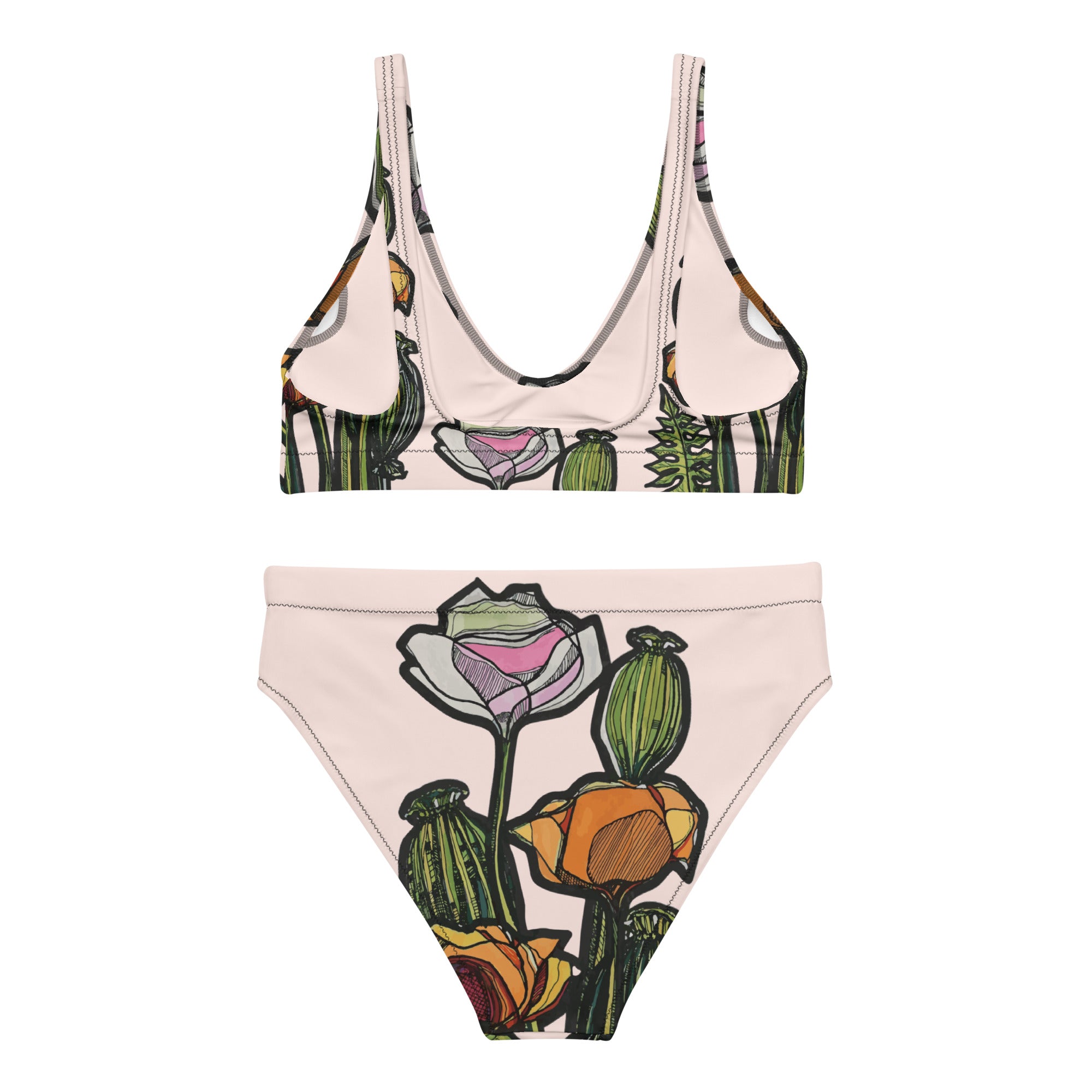 Wild Poppy bikini set close-up — hand-drawn poppy artwork detail on recycled fabric, Wild Lines Collection by Atme