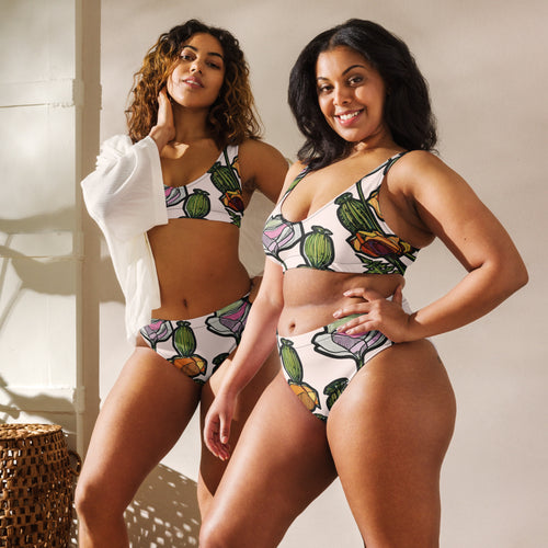 Wild Poppy recycled high-waisted bikini front — hand-drawn poppy set on recycled stretch fabric, Wild Lines Collection by Atme