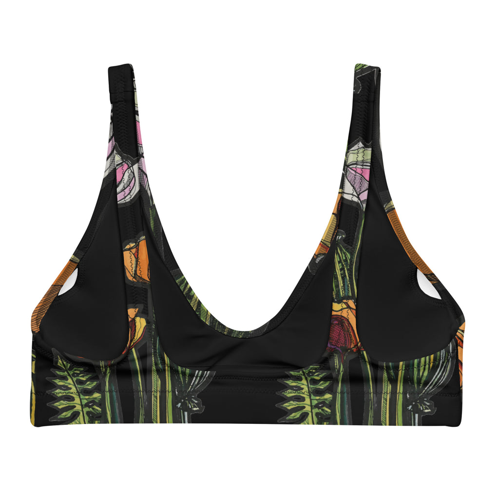 Wild Poppy bikini top flat lay — all-over wild poppy print on recycled swimwear top, Wild Lines Collection by Atme