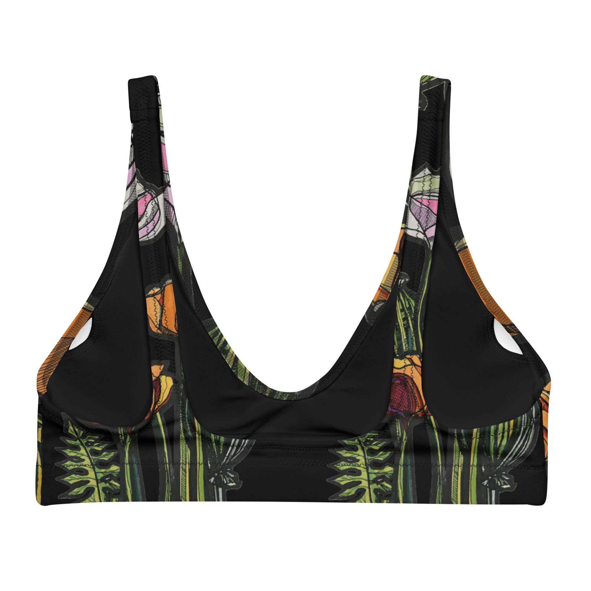 Wild Poppy bikini top flat lay — all-over wild poppy print on recycled swimwear top, Wild Lines Collection by Atme
