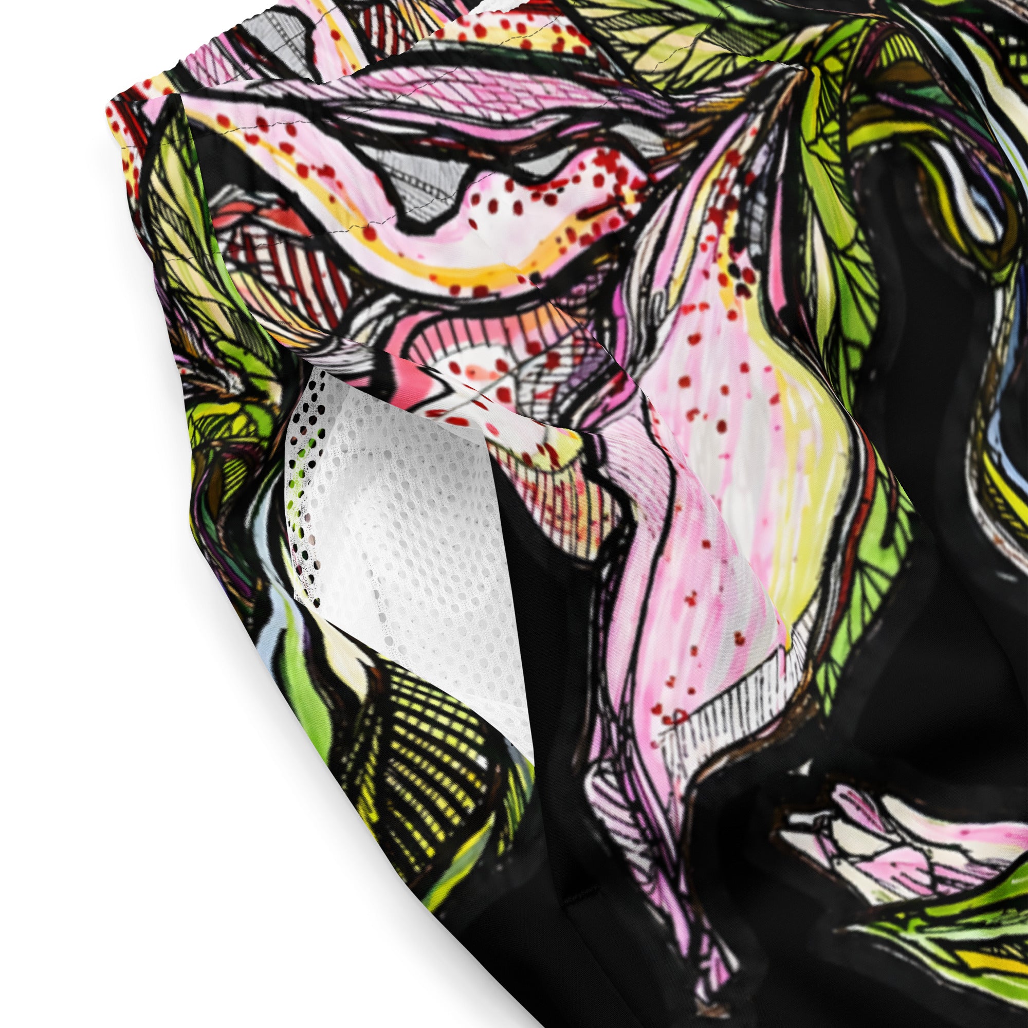 Lily swim trunks fabric detail — 91% recycled polyester water-repellent construction, Wild Lines Collection by Atme