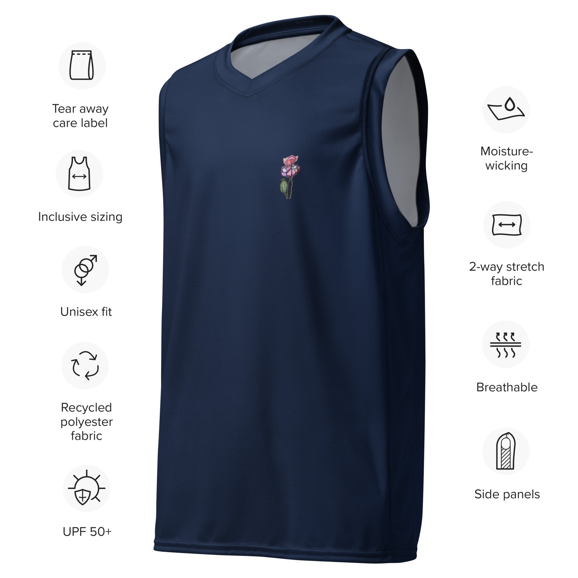 Wild One recycled basketball jersey front view — printed activewear jersey in white, Wild Lines Collection by Atme