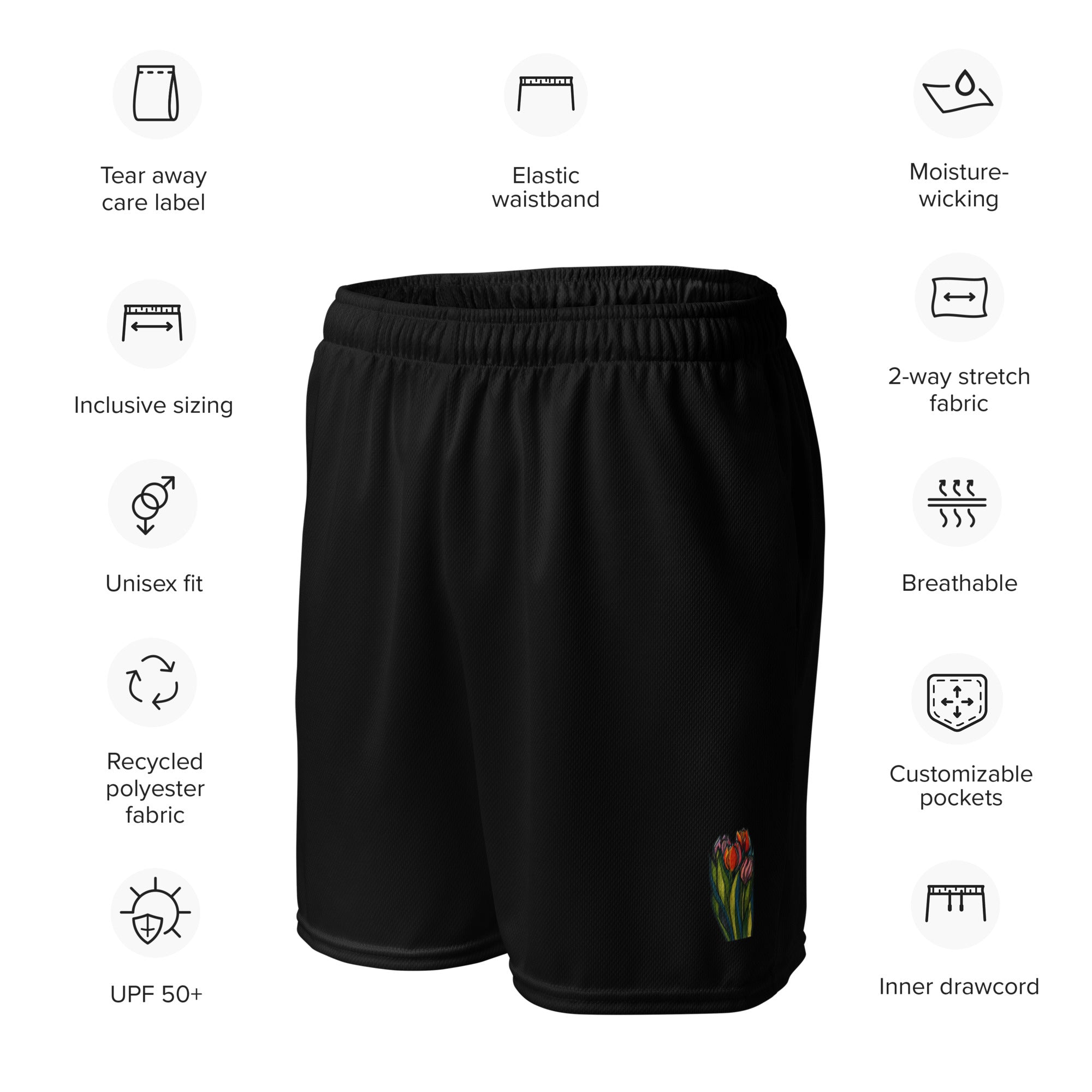 Tulips eco mesh shorts left front — recycled unisex mesh shorts with botanical tulip print, Wild Lines Collection by Atme