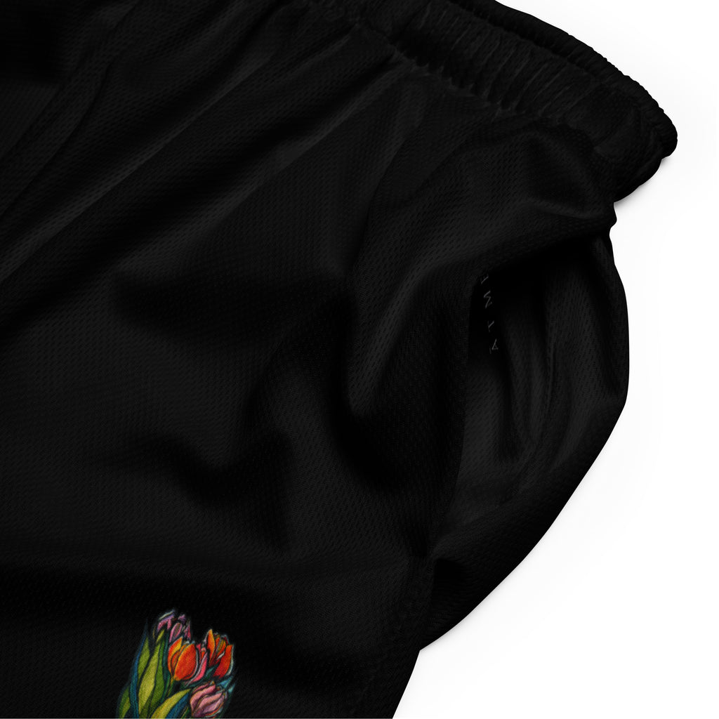 Tulips eco mesh shorts fabric detail — moisture-wicking recycled polyester mesh close-up, Wild Lines Collection by Atme