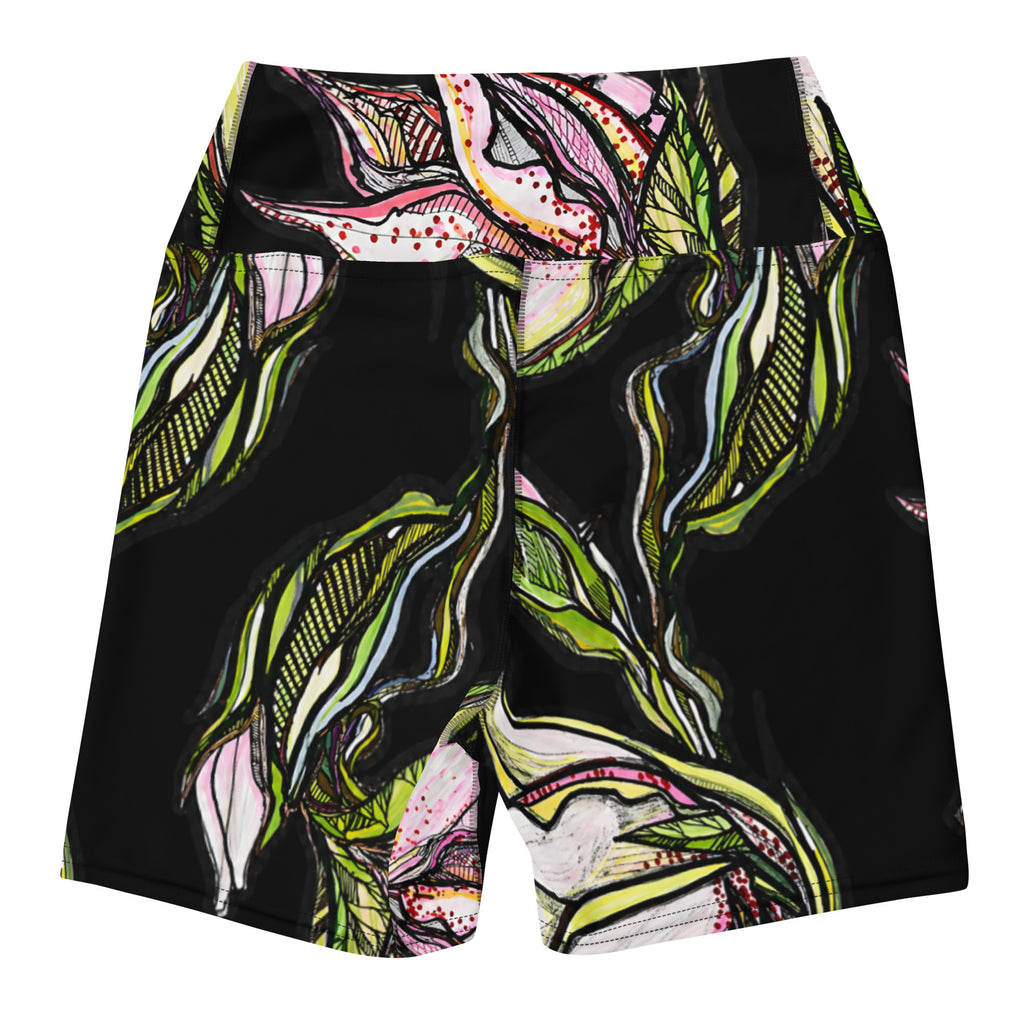 Lily Black Yoga Shorts model back — lily illustration on black stretch yoga shorts, Wild Lines Collection by Atme