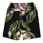 Lily Black Yoga Shorts model back — lily illustration on black stretch yoga shorts, Wild Lines Collection by Atme